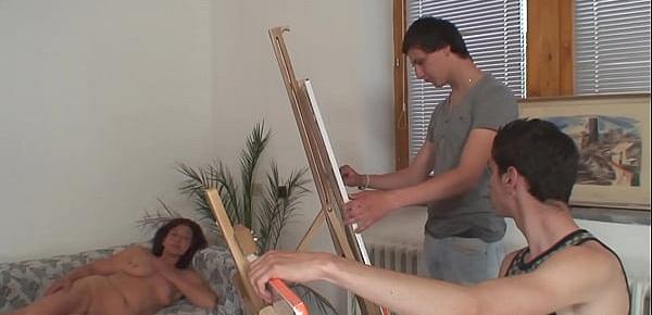  two boys teen share old mature woman